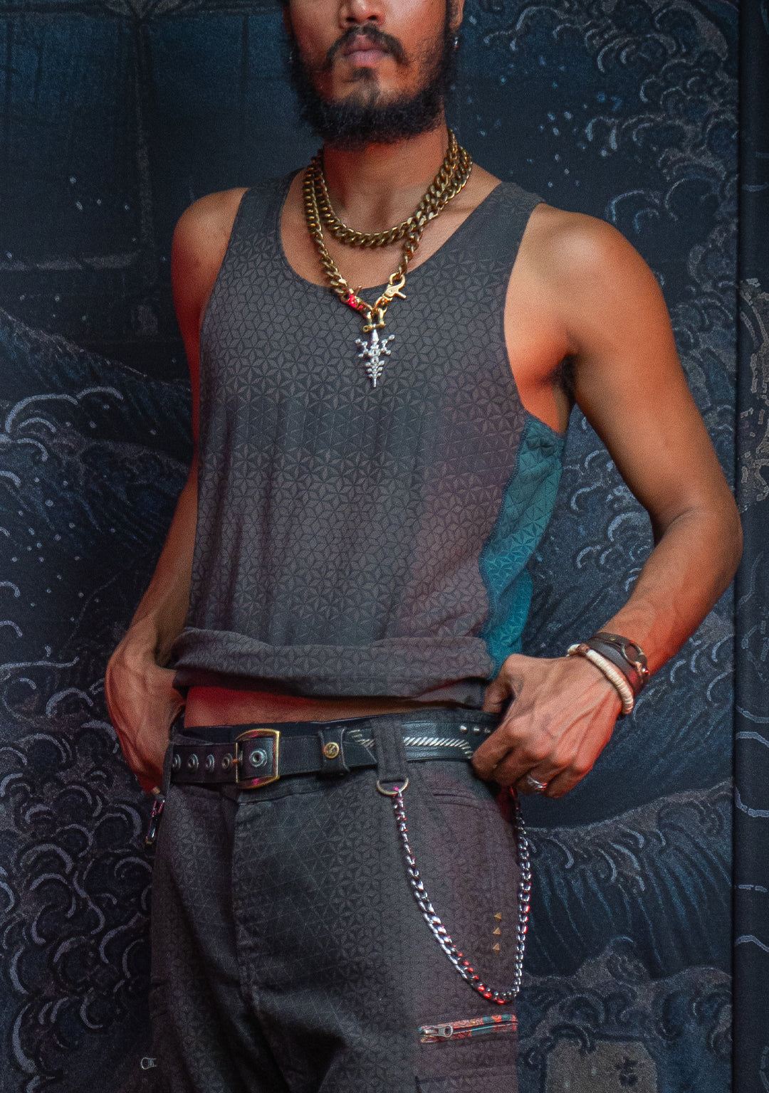 A-Tank Men / Organic Bamboo Jersey Veg Dye Veg Print - Charcoal SANDSOTIME